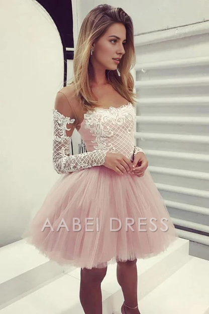 AABEI DRESS New Homecoming Dress A-Line Sheer Neck Long Sleeves Tulle Cocktail Dress with Appliques Sweet Short Prom Dress
