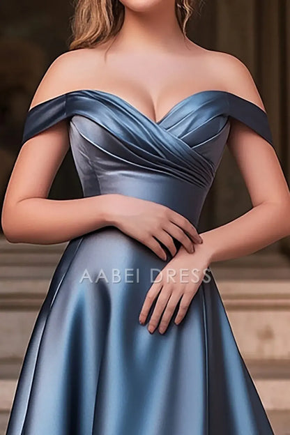 AABEI DRESS Hot Sale Prom Dress A Line Off The Shoulder Pleated Satin Long Fashion Formal Dress