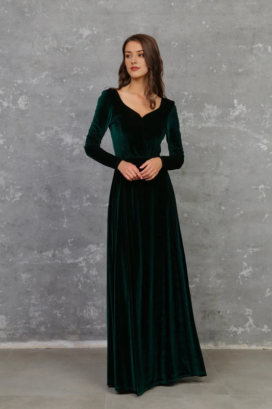 Evening  Dress Velvet Dress A Line Skirt Sweetheart Neckline Long Sleeves High Quality Fabric Dress Formal Dresses Wedding Guest Dress