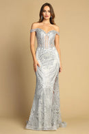 Silver Beaded Mermaid Off Shoulder Sheer Corset Lace-Up Train Prom Dress