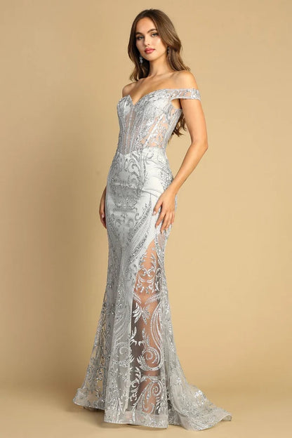 Silver Beaded Mermaid Off Shoulder Sheer Corset Lace-Up Train Prom Dress