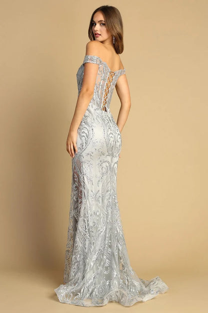 Silver Beaded Mermaid Off Shoulder Sheer Corset Lace-Up Train Prom Dress