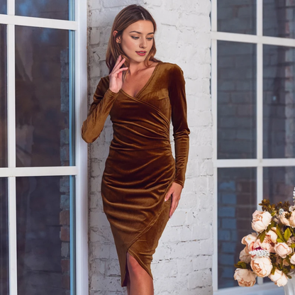 Evening  Dress Velvet Dress V Neck Long sleeves Bodycon Dress New Year Dress Formal Dresses Wedding Guest Dress