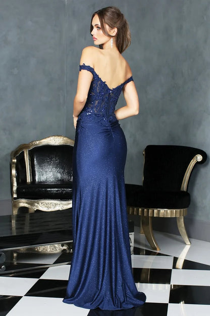 Navy Glitter Mermaid Off Shoulder Sweetheart Sheer Corset Slit Prom Dress