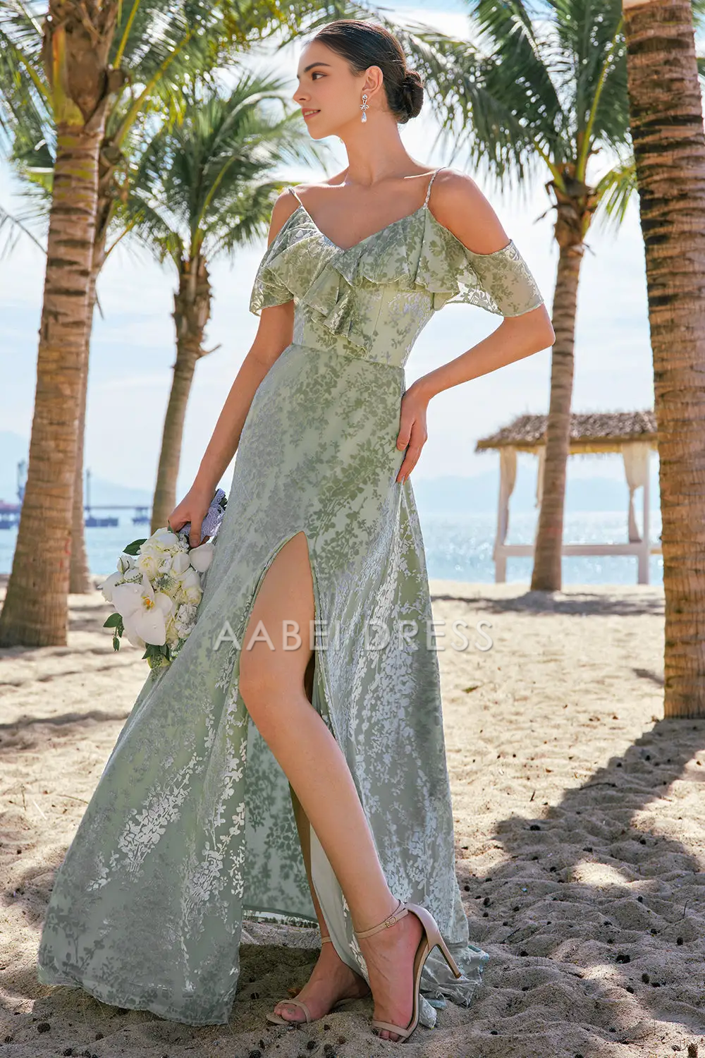 AABEI DRESS Formal Women's Dresses Sheath V Neck Spaghetti Strap Ruched Cold Shoulder Floral Side Fork Retro Long Prom Dress