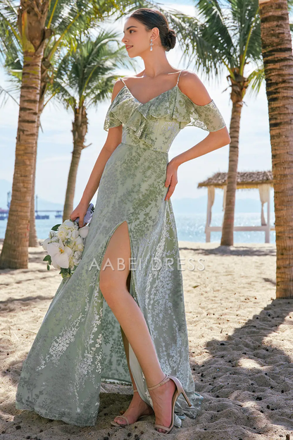 AABEI DRESS Formal Women's Dresses Sheath V Neck Spaghetti Strap Ruched Cold Shoulder Floral Side Fork Retro Long Prom Dress