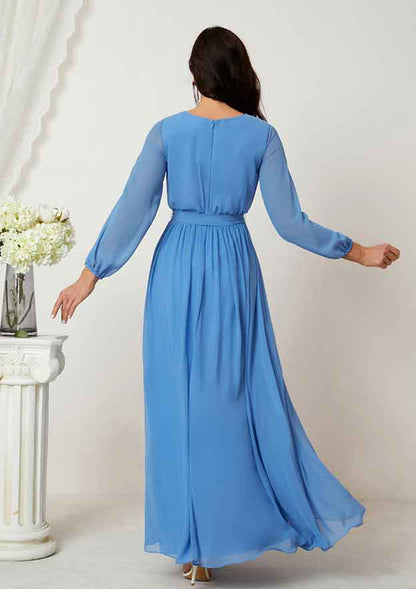 Elegant Blue Chiffon A-line V Neck Long Sleeve Ruched Side Fork Affordable Floor-Length Bridesmaid Dress
