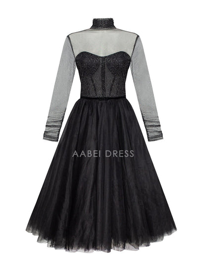 AABEI DRESS New Homecoming Dress Elegant A-Line Cocktail Dresses Wedding Guest Knee Length Long Sleeve High Neck Tulle with Pleats Pure Color Charming Prom Dresse