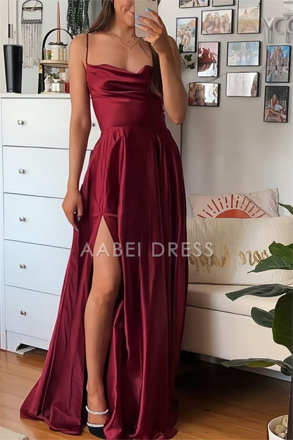 AABEI DRESS Prom Dress A Line Spaghetti Straps Backless Long Split Front Elegant Simple Formal Dress