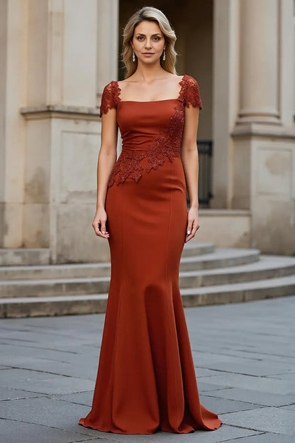 Wedding Guest Dress Rust Satin Mermaid Square Neck Cap Sleeve Lace Appliques Ruched Hem Elegant Hot Sale Long Mother of the Bride Dress