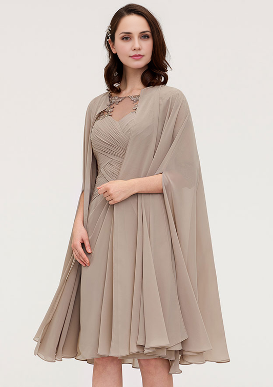 Mocha Chiffon A-Line Illusion Neck Back Zip Knee-Length Dress