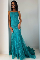 Turquoise Charming Mermaid Spaghetti Strap Lace Appliques Lace-Up Backless Retro Exquisite Wedding Guest Dress Long Hot Sale Prom Dresses