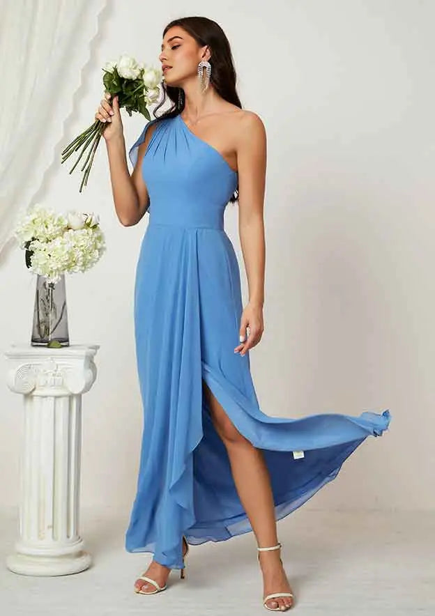 Elegant Blue Chiffon A-line One-Shoulder Sleeveless Ruffles With Split Affordable Floor-Length Bridesmaid Dress