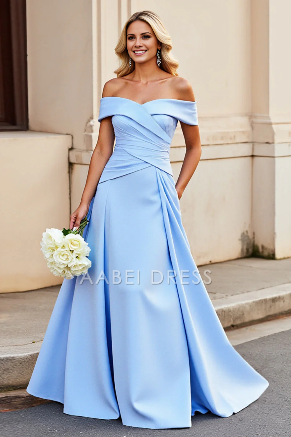 AABEI DRESS Hot Sale Prom Dress A Line Off The Shoulder Pleated Satin Elegant Long Formal Dress