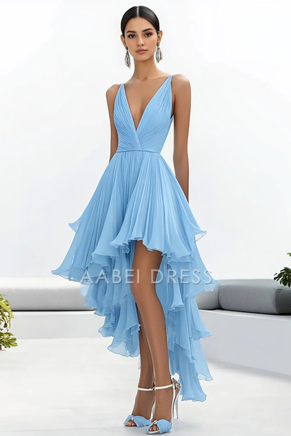 AABEI DRESS Hot Sale Prom Dress A Line Deep V-Neck Ruched High-Low Chiffon Exquisite Formal Dress