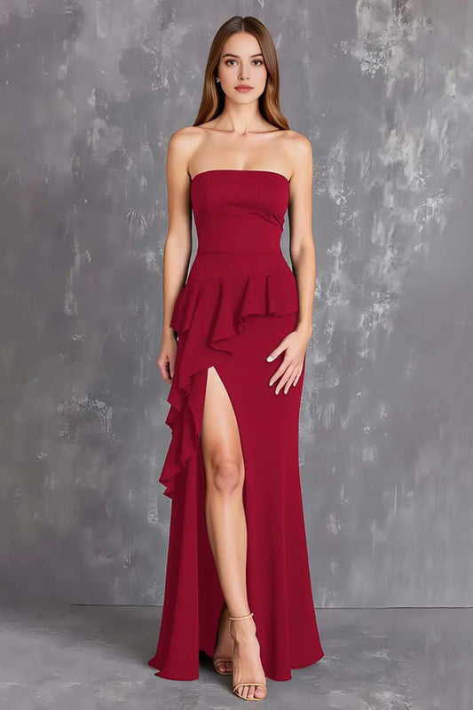 Fashion Black Satin Sheath Strapless Tiers Ruched with Slit Long Formal Dress Hot Sale Evening Dresses