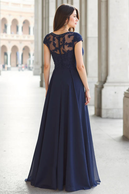 Navy Chiffon Retro A-Line Boat Neck Cap Sleeve with Beadwork Lace Appliques Exquisite Long Wedding Guest Dress For Women New Style Mother of the Bride Dress