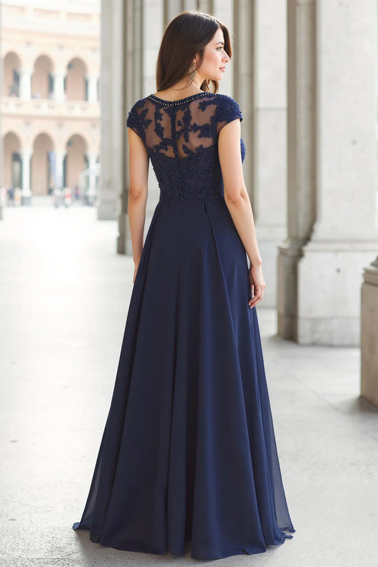 Navy Chiffon Retro A-Line Boat Neck Cap Sleeve with Beadwork Lace Appliques Exquisite Long Wedding Guest Dress For Women New Style Mother of the Bride Dress