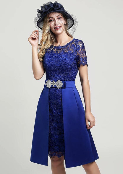 Elegant Wedding Guest Dresses Royal Blue Lace Sheath/Column Scoop Neck Short Sleeve With Side Draping Waistband Beading Bowknot Knee-Length Bargain Mother of the Bride Dress