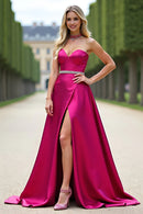 Fuchsia Elegant Party Dress A Line Strapless Sweetheart Neckline Beadwork Waist Backless with Slit Long Hot Sale Prom Dresses