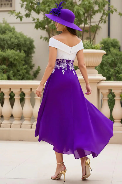 Purple Chiffon A Line Off The Shoulder Cross V-Neck Asymmetrical Ruched Hem with Lace Appliques Elegant Retro Long Wedding Guest Dress Hot Sale Mother of the Bride Dresses