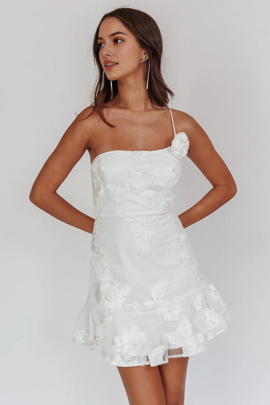 Sheath 3D Rosette Embellished One-Shoulder Jacquard Ruched White Exquisite Mini Dress Hot Sale Homecoming Dress