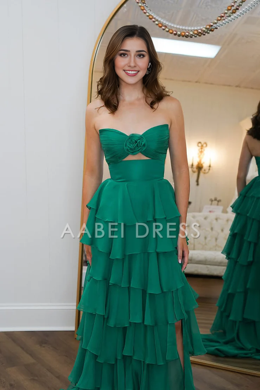 AABEI DRESS Prom Dress Cute A Line V Neck Pleated Bodice Chiffon Tiered with Slit Formal Dress
