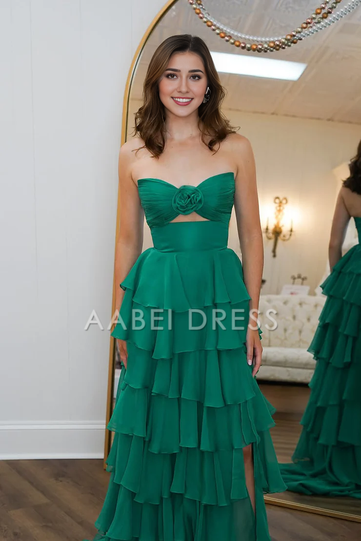 AABEI DRESS Prom Dress Cute A Line V Neck Pleated Bodice Chiffon Tiered with Slit Formal Dress