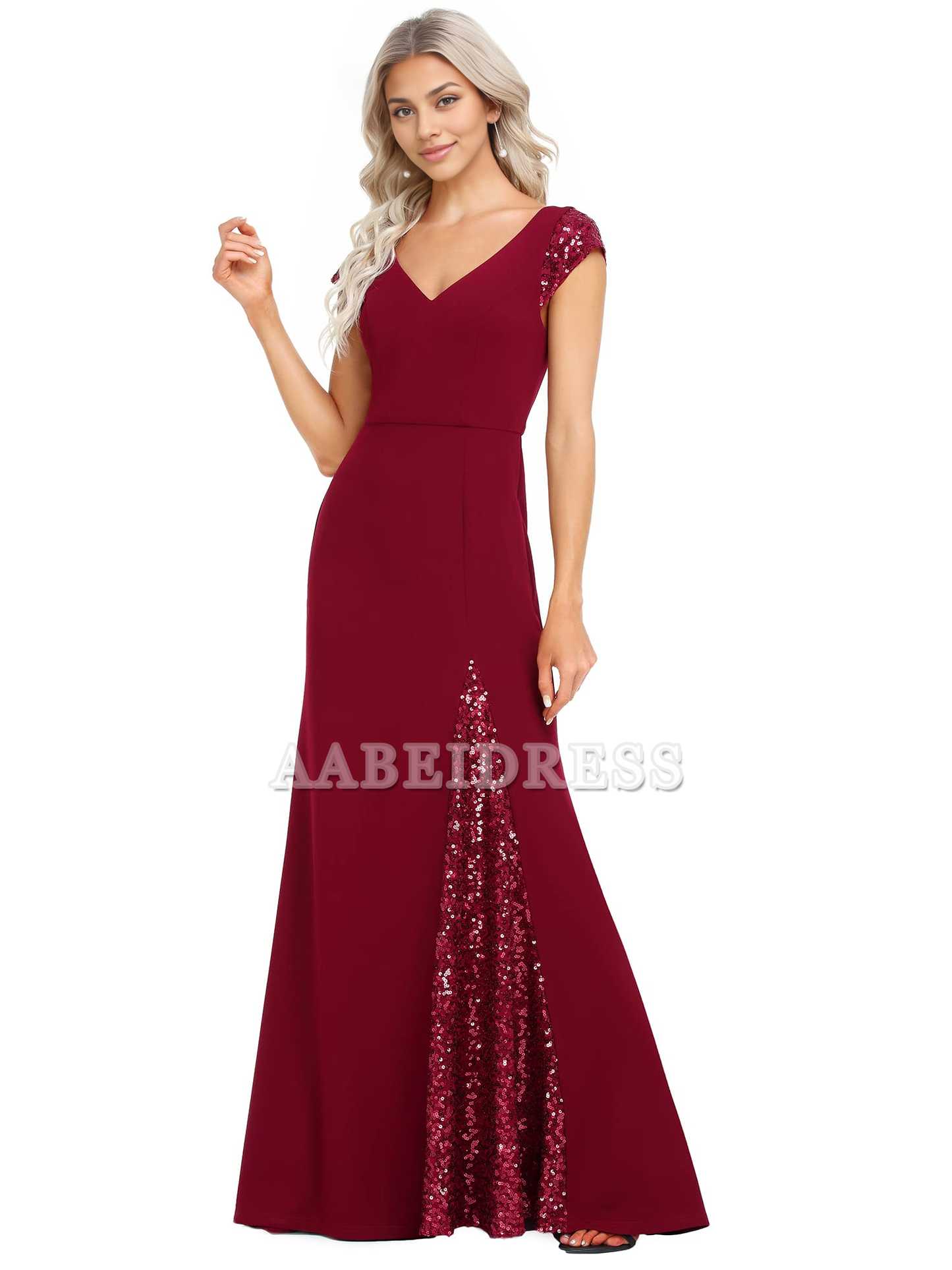 Prom Dress V-Neck Cap Sleeves Sequin Mermaid Floor-Length Evening Dresses Elegant Wedding Guest Dresses Formal Wear Dresses