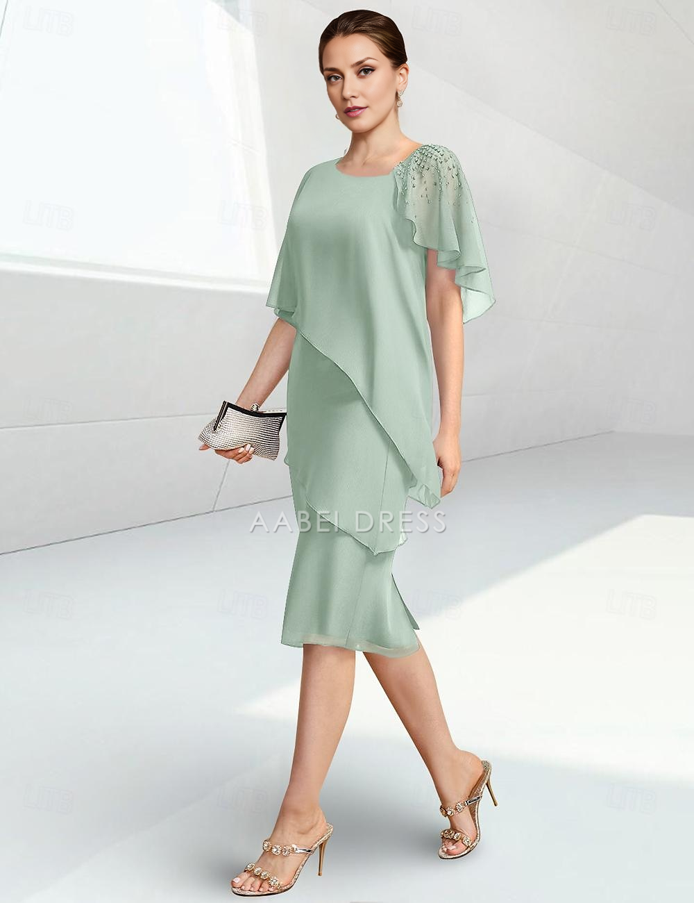 AABEI DRESS Wedding Guest Dress Elegant Beach Sheath Jewel Neck Tiers Knee Length Half Sleeve with Beading Mother of the Bride Dress