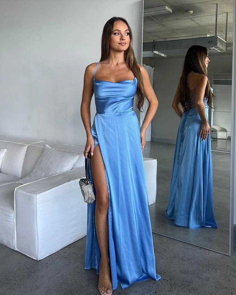 Bridesmaid Dresses A Line Cowl Neck Blue Silk with Slit