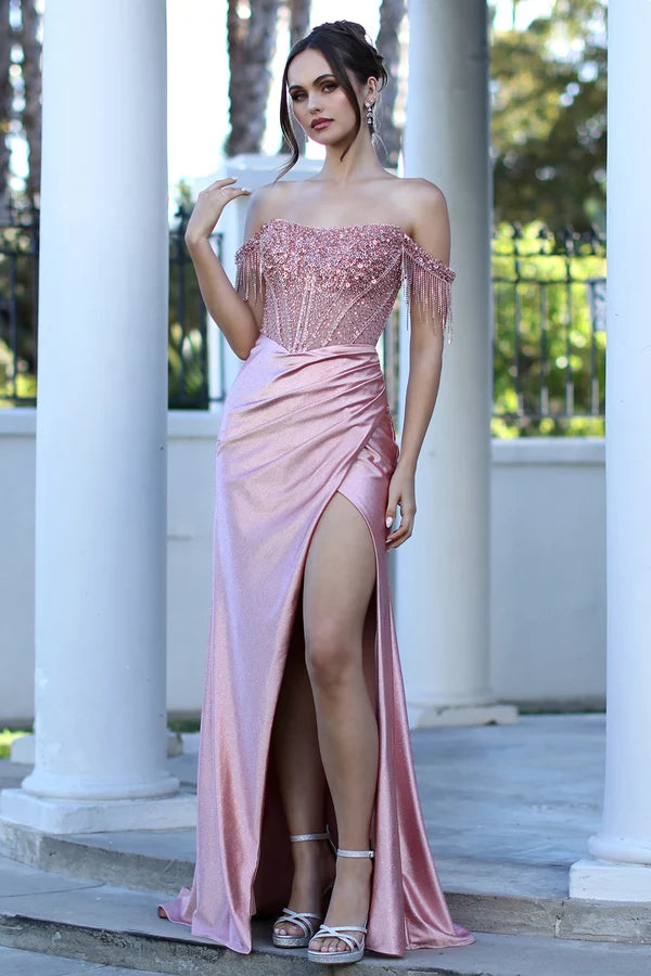 Blush Off Shoulder Beaded Mermaid Prom Gown