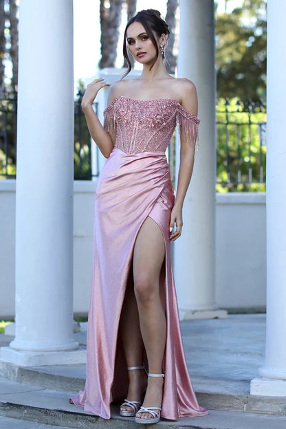 Blush Off Shoulder Beaded Mermaid Prom Gown
