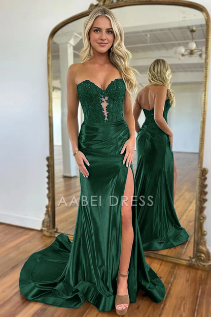 AABEI DRESS Hot Sale Prom Dress Sweetheart Mermaid Long Satin Pleated With Split Elegant Formal Dress