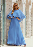 Fashion Wedding Guest Dresses Blue Chiffon A-line Scoop Neck Cape Sleeve Floor-Length Bargain Mother of the Bride Dress