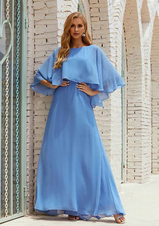 Sky Blue Chiffon A-Line Boat Neck Back Zip Floor-Length Dress