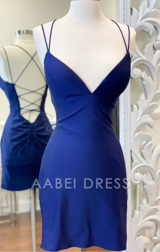 AABEI DRESS Short Party Dress Deep V Neck Spaghetti Strap Lace Up Backless Simple Homecoming Dress