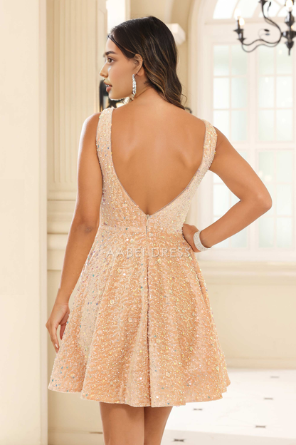 AABEI DRESS Short Dress Sexy Sequins A-Line V-Neck Sleeveless Backless Sparkle New Homecoming Dress