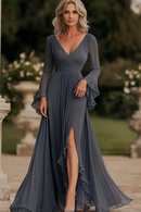 AABEI DRESS Mother Of The Bride Dress A Line V Neck Chiffon Long Sleeves Side Fork Ruched Formal Wear Dresse