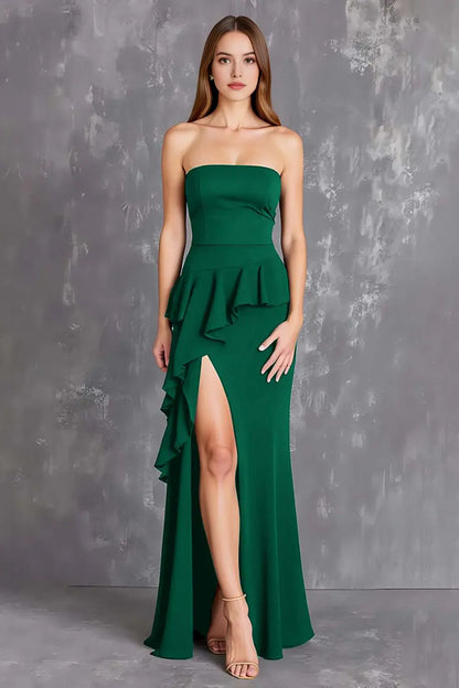 Fashion Black Satin Sheath Strapless Tiers Ruched with Slit Long Formal Dress Hot Sale Evening Dresses