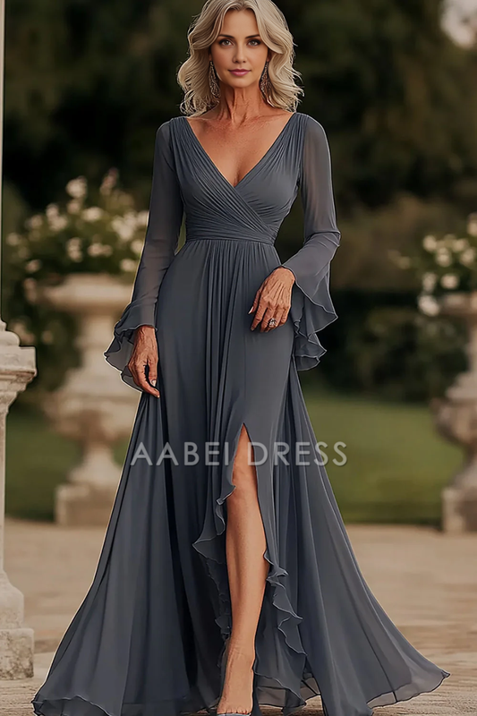 AABEI DRESS Mother Of The Bride Dress A Line V Neck Chiffon Long Sleeves Side Fork Ruched Formal Wear Dresse