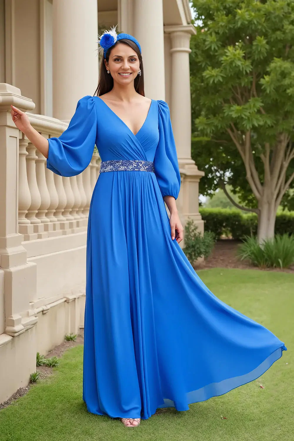 Elegant Blue Chiffon A Line V-Neck 3/4 Long Sleeve Waist Beading Backless Fashion Long Wedding Guest Dress Hot Sale Mother of the Bride Dresses