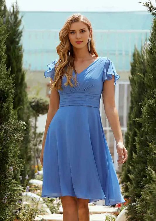 Classic Blue Chiffon A-line V Neck Flutter Short Sleeve With Pleated Affordable Short Bridesmaid Dress