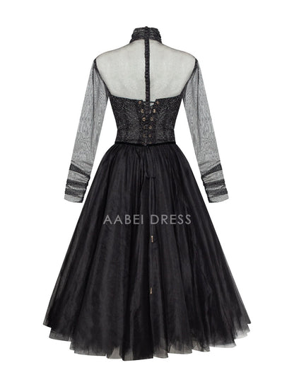 AABEI DRESS New Homecoming Dress Elegant A-Line Cocktail Dresses Wedding Guest Knee Length Long Sleeve High Neck Tulle with Pleats Pure Color Charming Prom Dresse