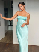 Evening Dress Spaghetti Straps Sheath Prom Dress Satin Party Dress Backless Simple Formal Women's Dresses