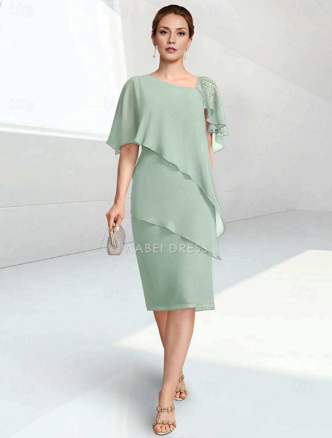 AABEI DRESS Wedding Guest Dress Elegant Beach Sheath Jewel Neck Tiers Knee Length Half Sleeve with Beading Mother of the Bride Dress