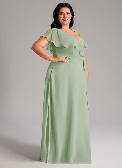 Wedding Guests Dresses Dusty Sage A-Line V Neck Ruffles Flutter Sleeve Side Fork Elegant Plus Size Formal Dress Discount Hot Sale Prom Dress