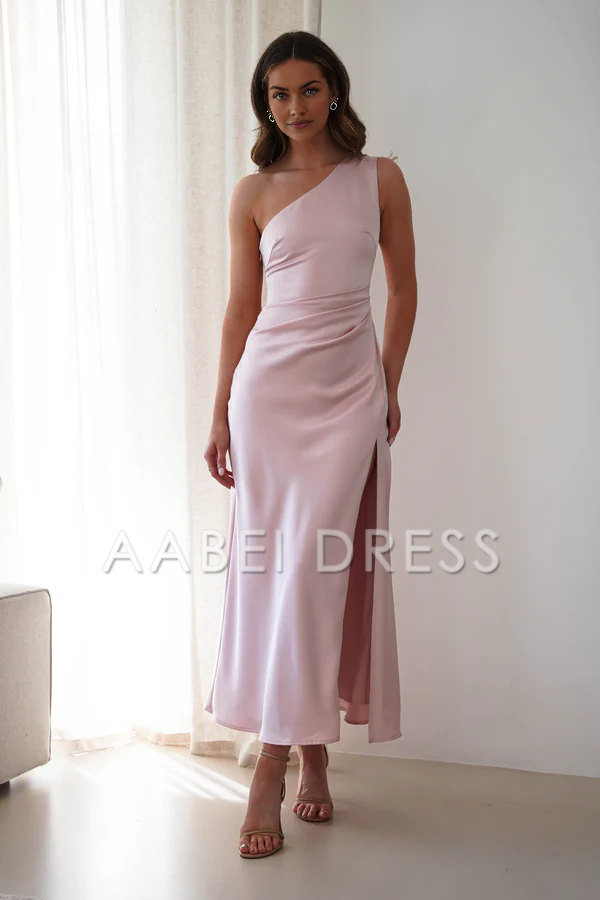 AABEI DRESS Prom Dress Satin One-Shoulder Ruched Waist Side Fork Simple Dress