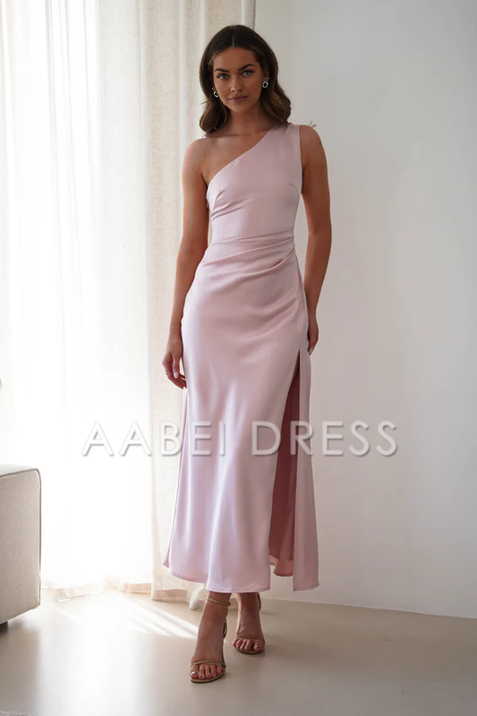 AABEI DRESS Prom Dress Satin One-Shoulder Ruched Waist Side Fork Simple Dress