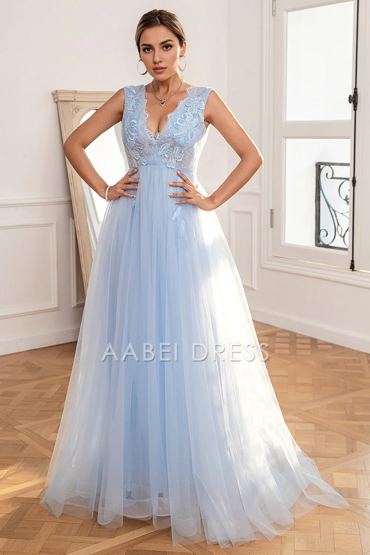 AABEI DRESS Hot Sale Prom Dress A Line Deep V Neck Sleeveless Backless Appliques Fantastic Long Party Dress